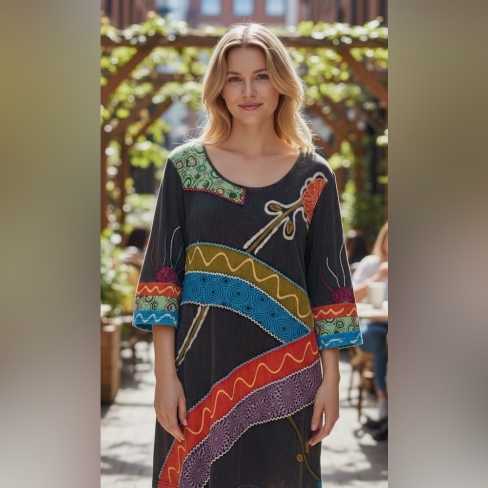 NWT Rising International Boho Patchwork Tunic Dress Stonewashed Black Size 4X